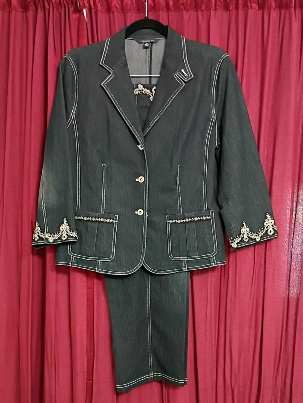 Denim Embellished Women's Blazer and Pants Embroidered Trim